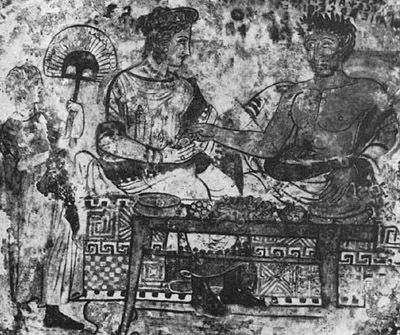 Роспись гробницы Щитов в Тарквинии. Сцена трапезы. Конец IV – начало III в. до н.э.